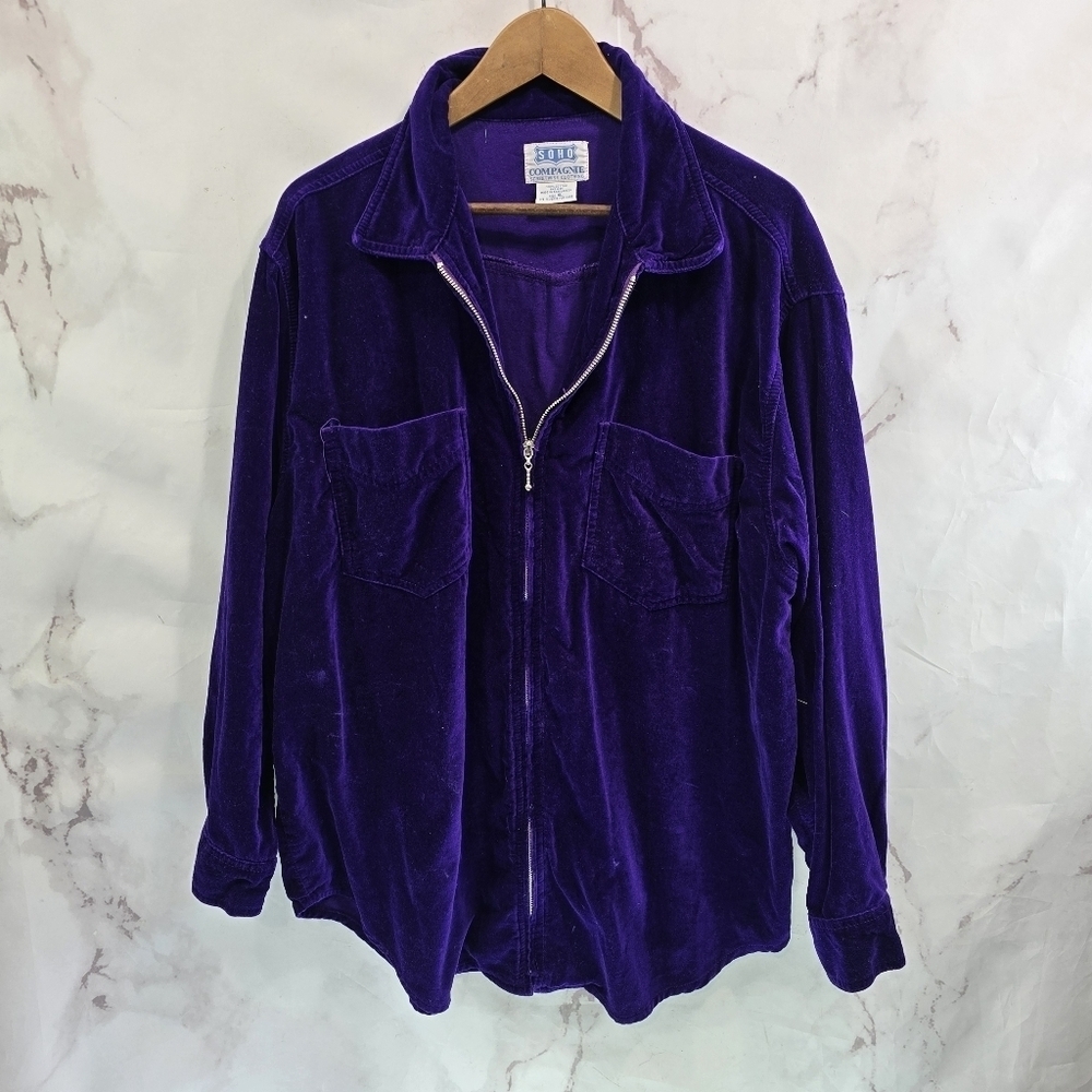 Vintage Shirt Jacket Womens 2X Purple 90s Velvet Velour Shacket Streetwear Zip